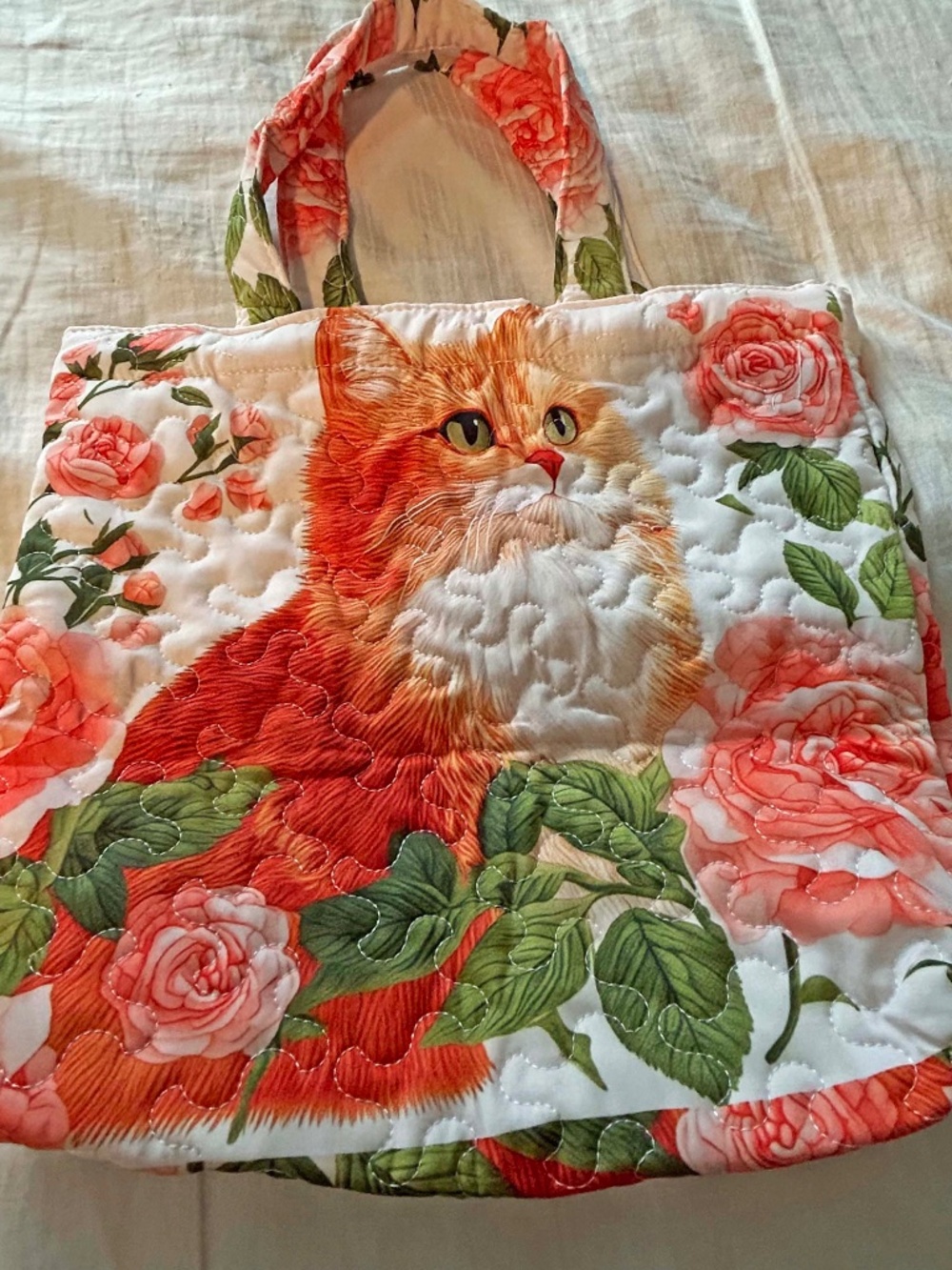 TOTE BAG, QUILTED, OPEN TOP, COLOUR CAT FACE WITH FLOWERS,  NO POCKETS, IN BAG,
